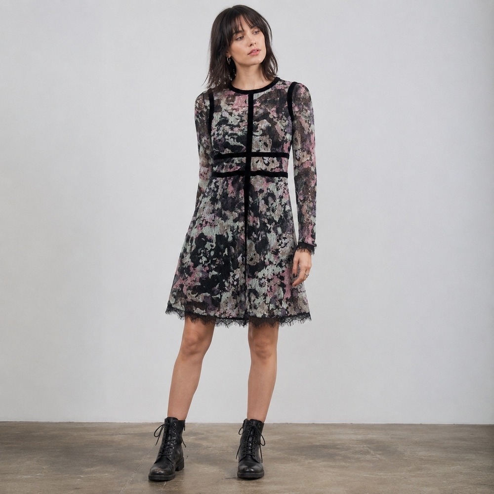 Fire Los Angeles Floral Mesh Velvet Trim Long‎ Sleeve Dress XS Black